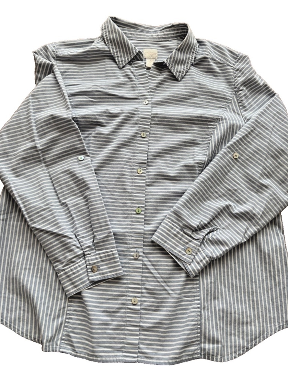 Chicos Button Up Shirt Womens SZ 3 (XL)  Blue White Stripe Cotton Career Tab Sle
